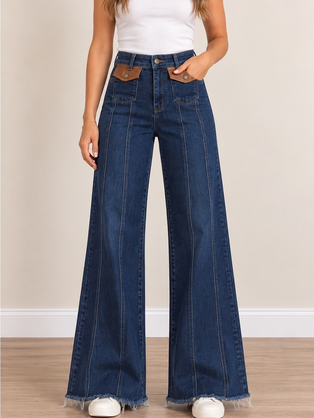 RISEN High Rise Wide Flare Jeans Leather Pockets 9/29